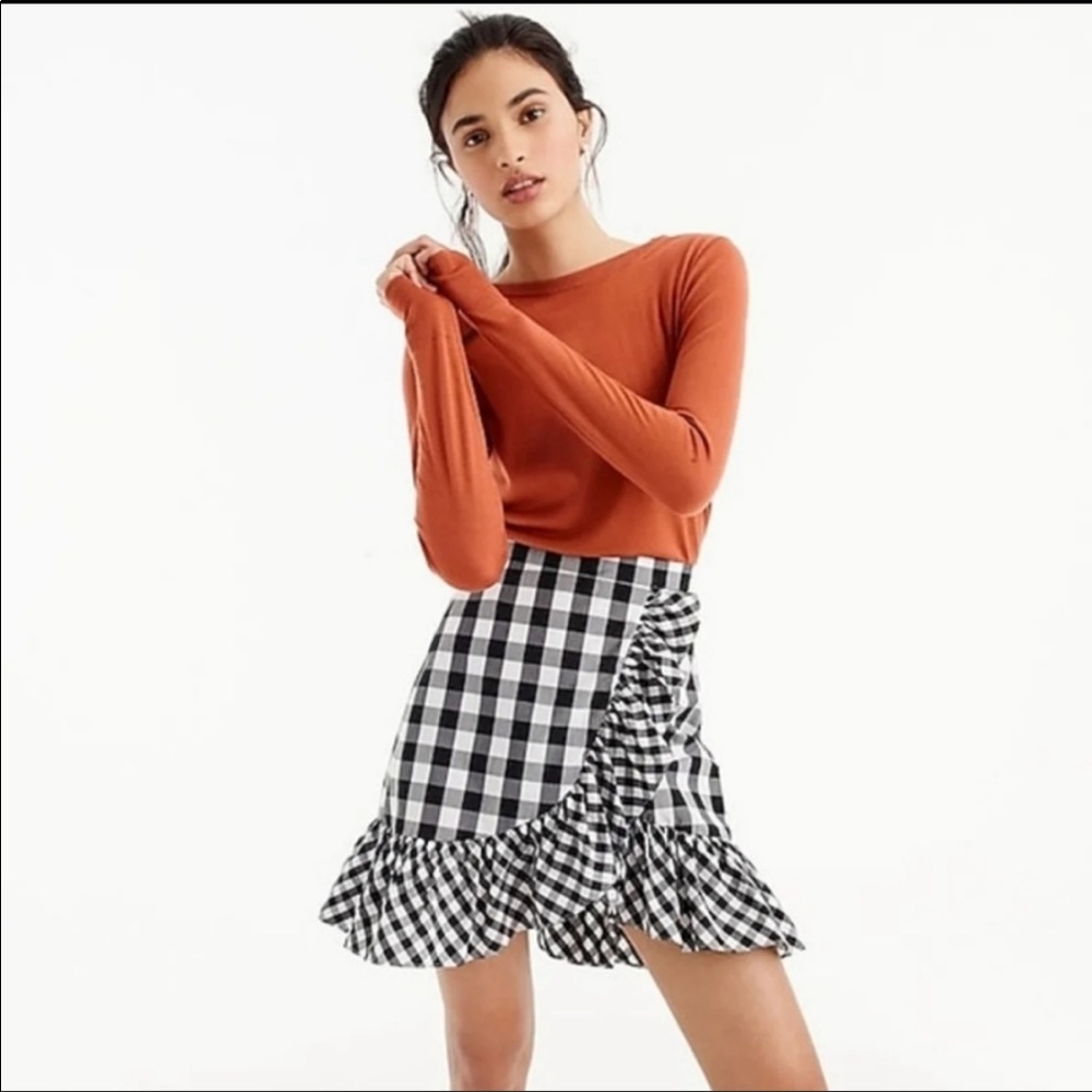 J.Crew Women’s gingham Plaid Ruffle Mini Skirt Size 10 Black/ White‎